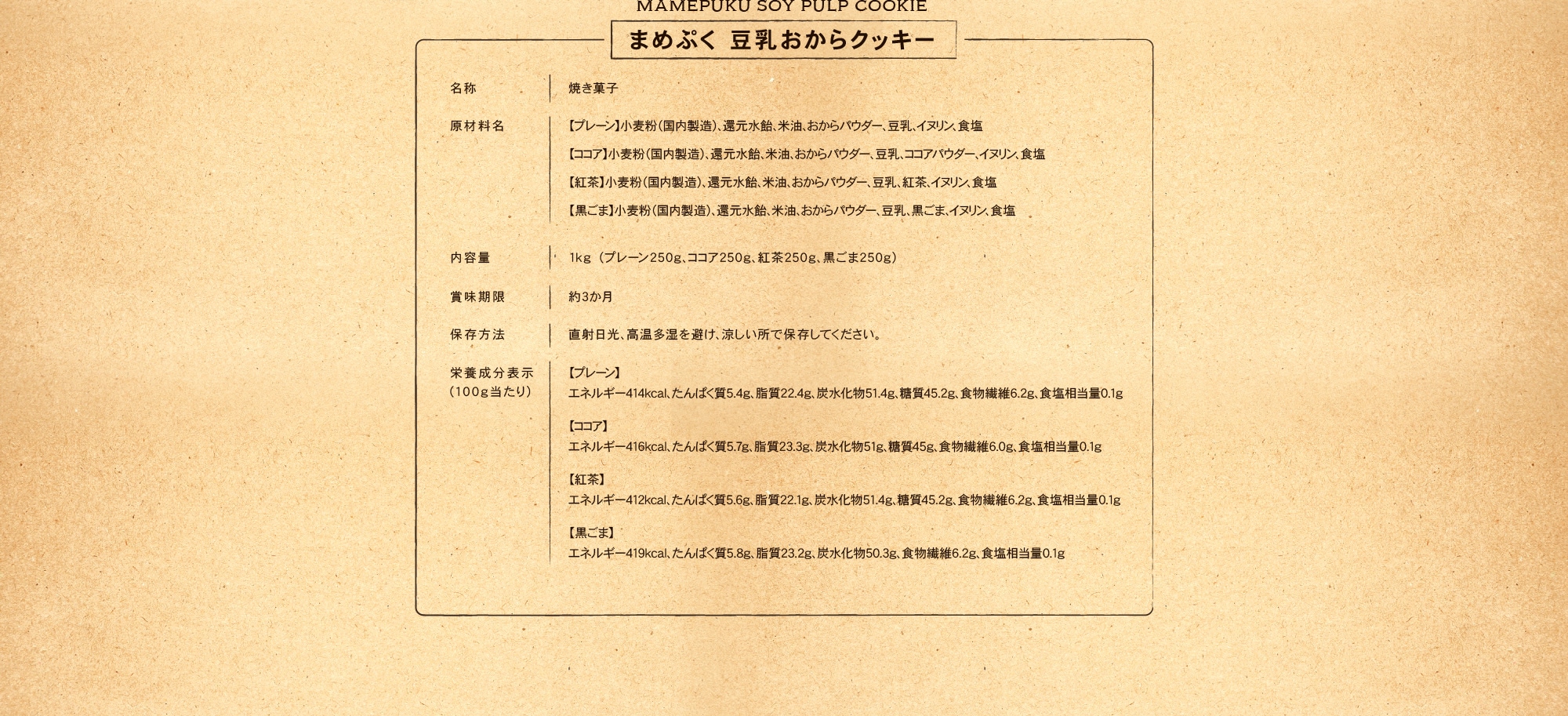 まめぷく 豆乳おからクッキー [名称]焼き菓子 [原材料名]【プレーン】小麦粉（国内製造）、還元水飴、米油、おからパウダー、豆乳、イヌリン、食塩【ココア】小麦粉（国内製造）、還元水飴、米油、おからパウダー、豆乳、ココアパウダー、イヌリン、食塩【紅茶】小麦粉（国内製造）、還元水飴、米油、おからパウダー、豆乳、紅茶、イヌリン、食塩【黒ごま】小麦粉（国内製造）、還元水飴、米油、おからパウダー、豆乳、黒ごま、イヌリン、食塩 [内容量]1kg （プレーン250g、ココア250g、紅茶250g、黒ごま250g） [賞味期限]約3か月 [保存方法]直射日光、高温多湿を避け、涼しい所で保存してください。 [栄養成分表示(100g当たり)]【プレーン】エネルギー414kcal、たんぱく質5.4g、脂質22.4g、炭水化物51.4g、糖質45.2g、食物繊維6.2g、食塩相当量0.1g 【ココア】エネルギー416kcal、たんぱく質5.7g、脂質23.3g、炭水化物51g、糖質45g、食物繊維6.0g、食塩相当量0.1g 【紅茶】エネルギー412kcal、たんぱく質5.6g、脂質22.1g、炭水化物51.4g、糖質45.2g、食物繊維6.2g、食塩相当量0.1g 【黒ごま】エネルギー419kcal、たんぱく質5.8g、脂質23.2g、炭水化物50.3g、食物繊維6.2g、食塩相当量0.1g