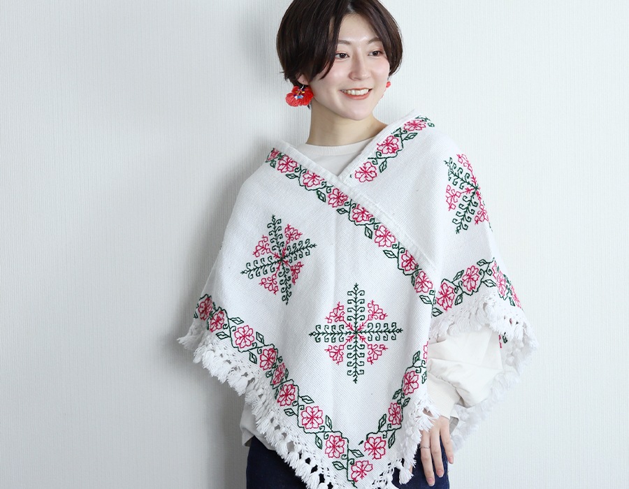 tesoro / メキシコ刺繍ポンチョ / ホワイト-tesoro