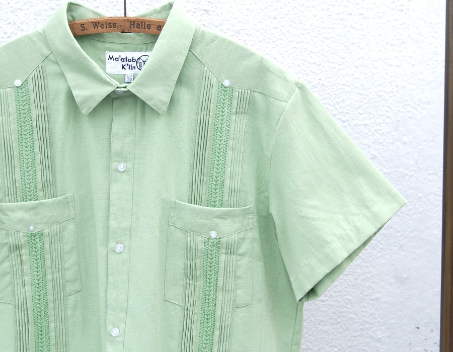 シャツ　vintage　黄緑　薄緑　グリーン　キューバシャツ