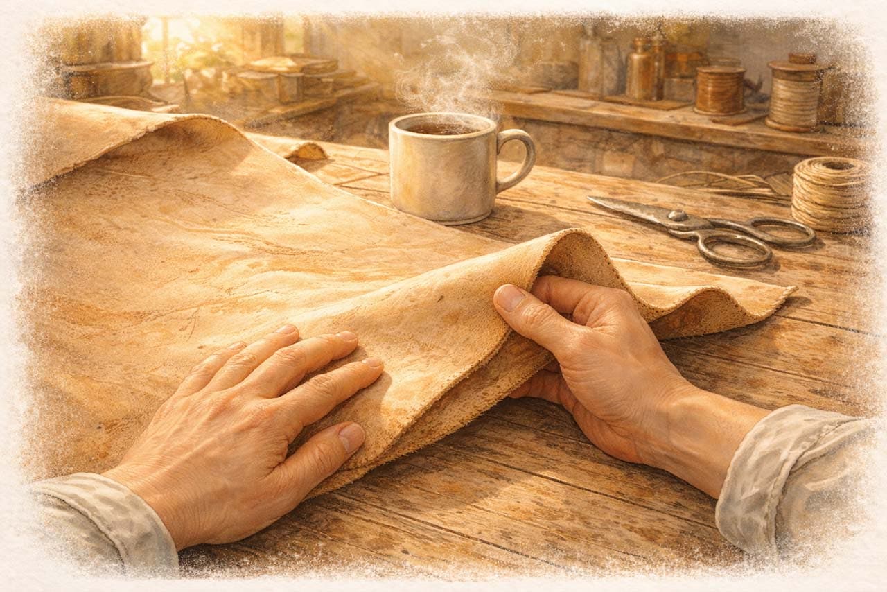 工房で革を触る挿絵