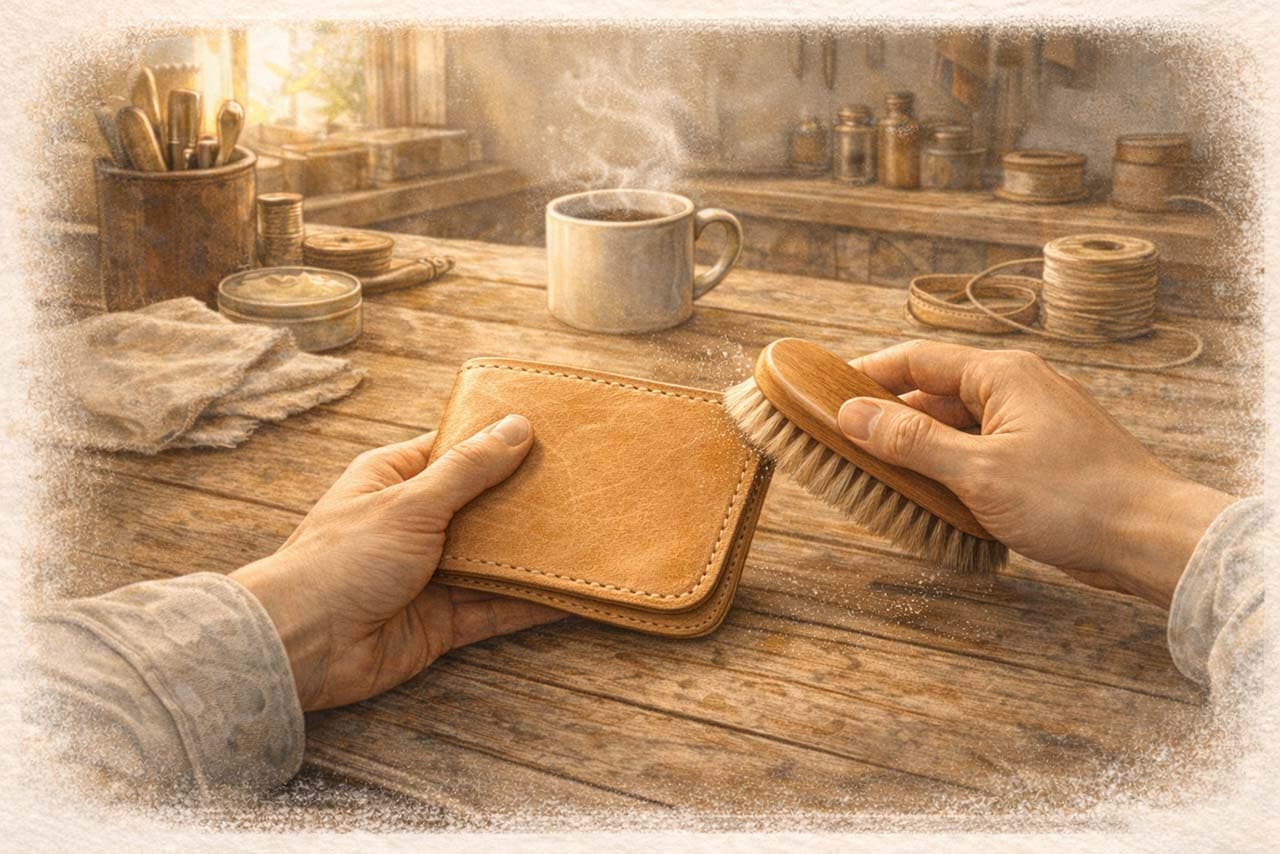 工房で革財布を磨く挿絵