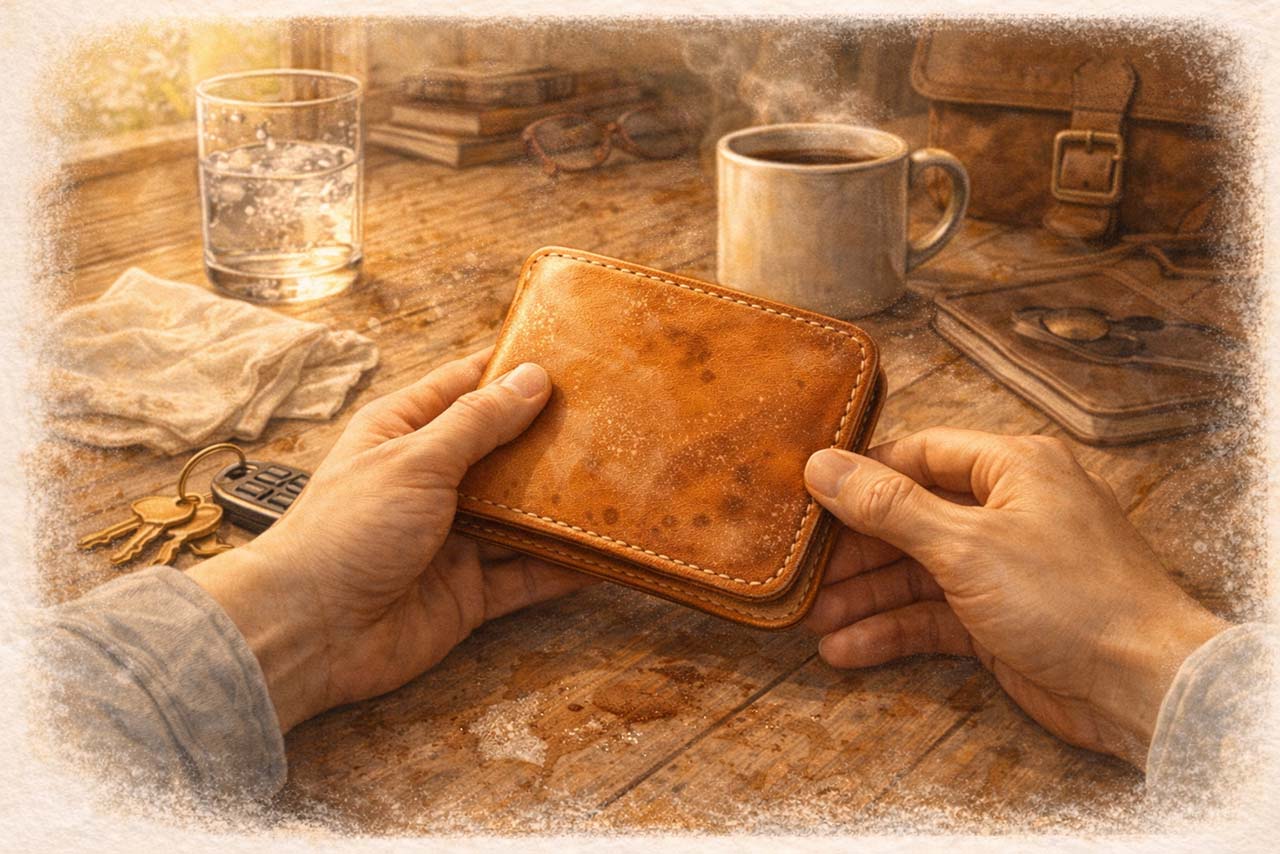 工房で革財布を磨く挿絵