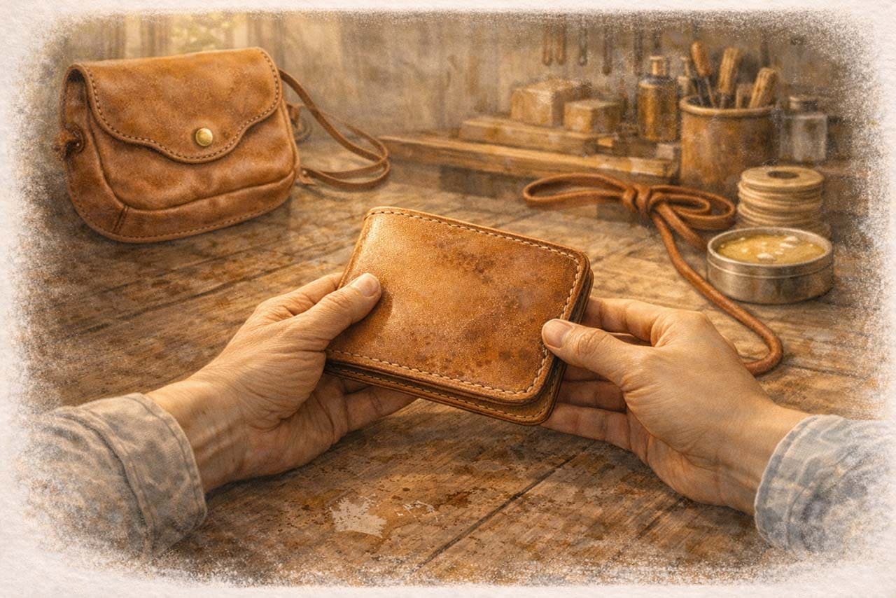 工房で革財布を愛でる挿絵