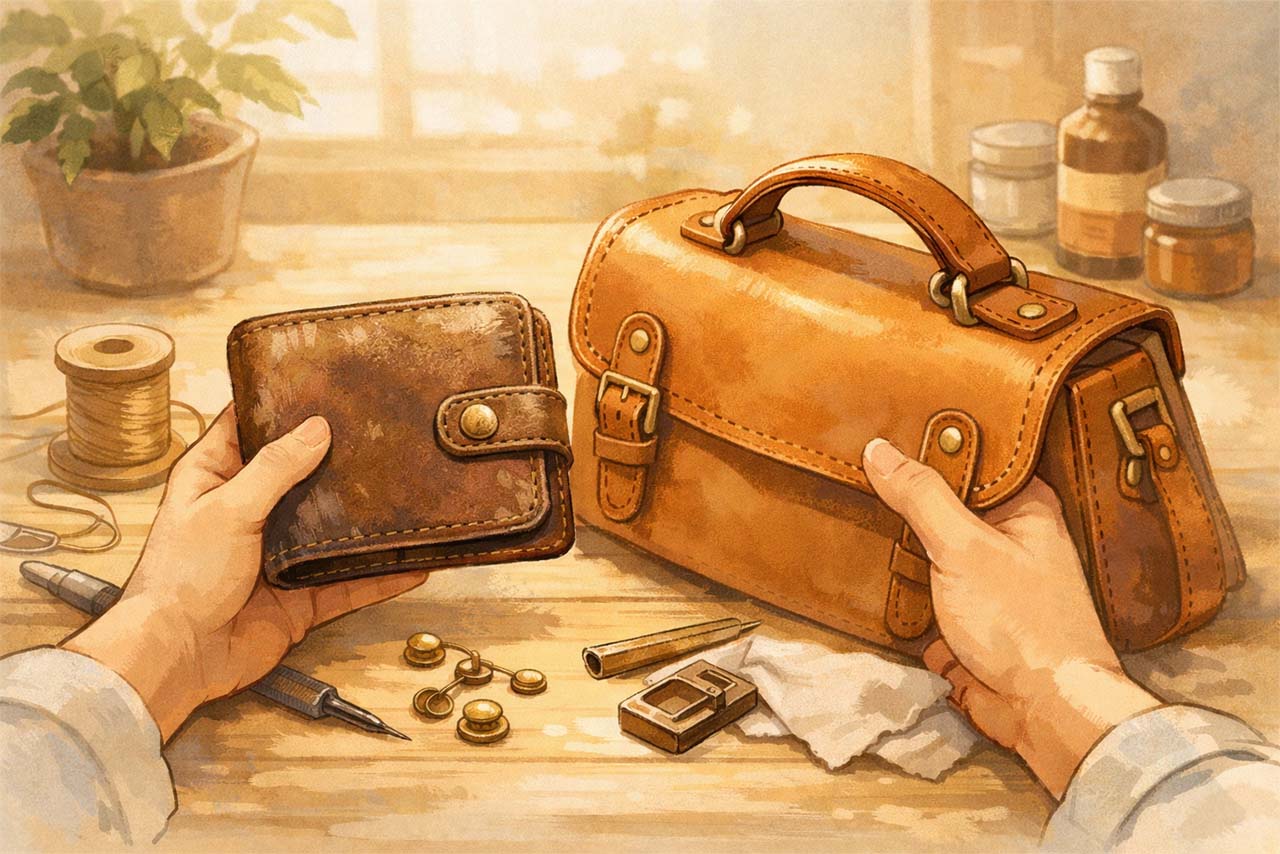 革製品を手に取り直せる安心感を感じる挿絵