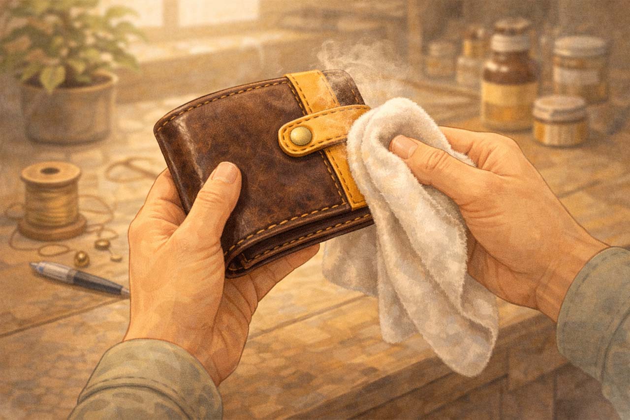 修理台の上で糸や金具を交換している挿絵