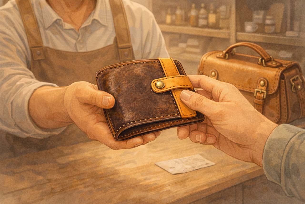 修理を終えてまた日常に戻っていく革製品の挿絵