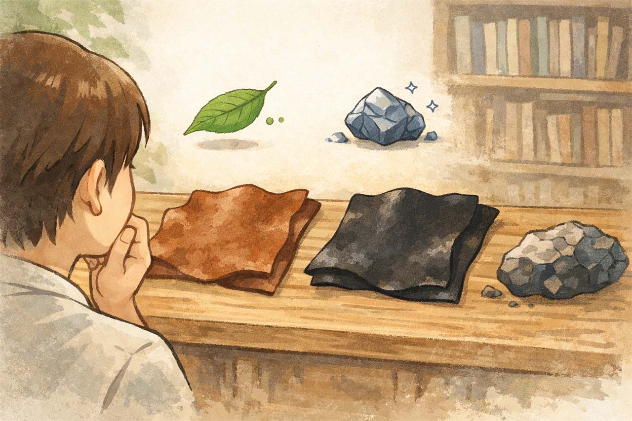 革を選ぶ前に考える人の挿絵