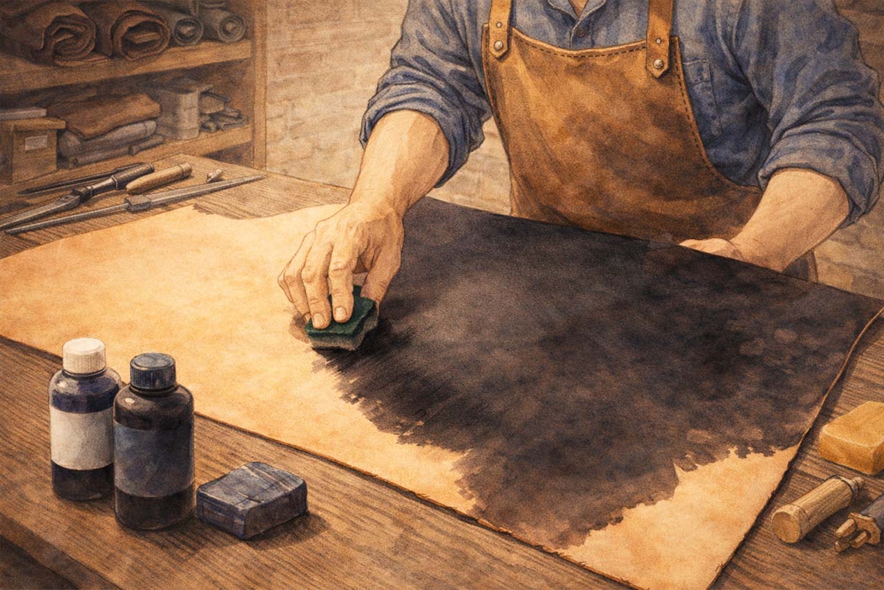 黒革の仕上げ工程を想起させる挿絵