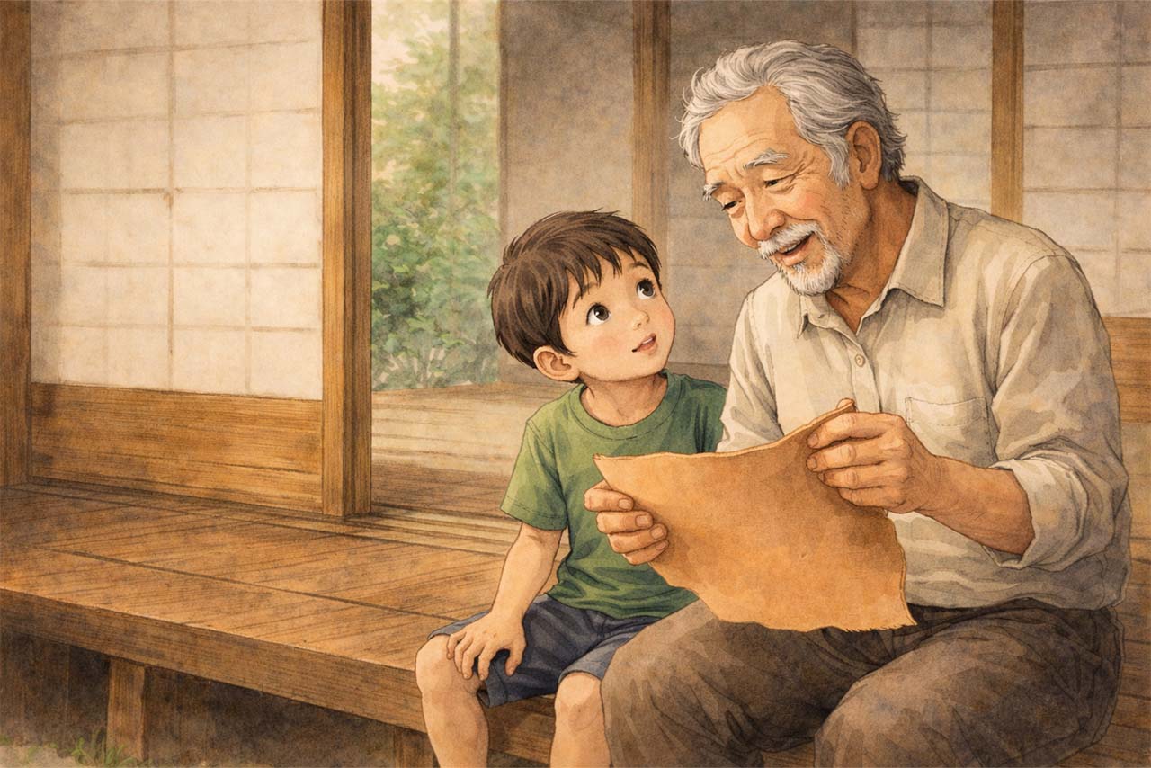 縁側でおじいちゃんと子どもが革を手にしている挿絵