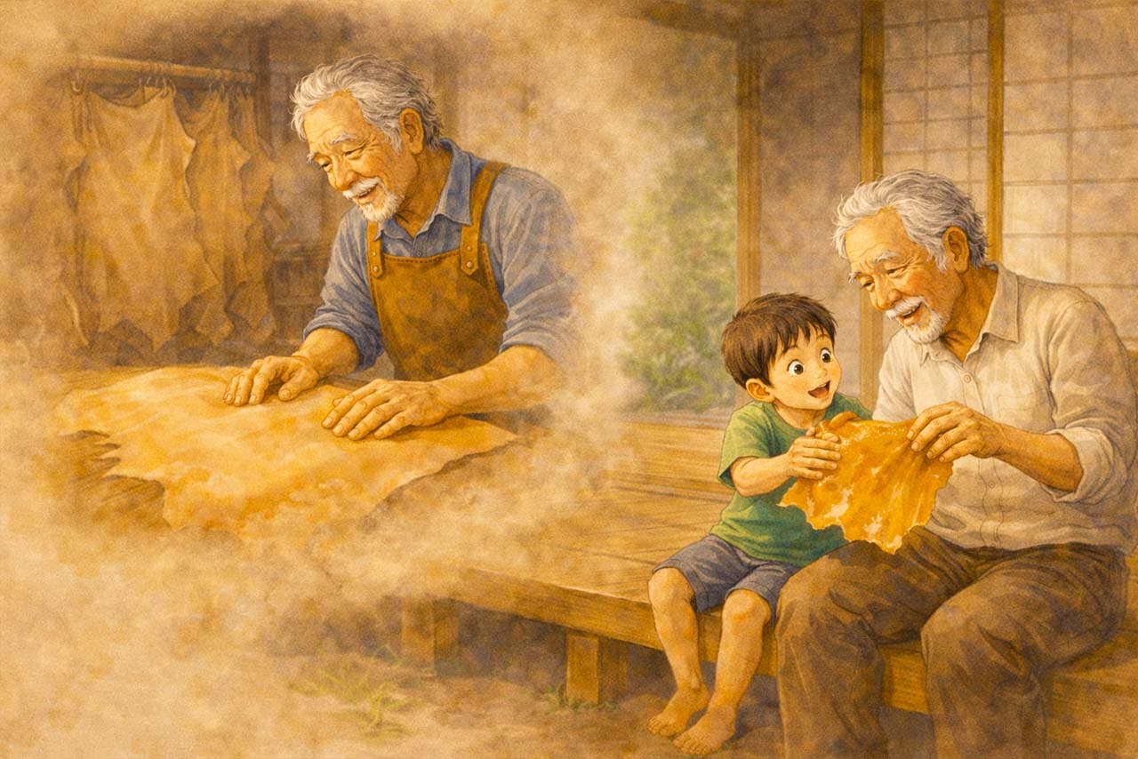 縁側の会話と、タンナー時代を思い出すおじいちゃんの回想が重なる挿絵