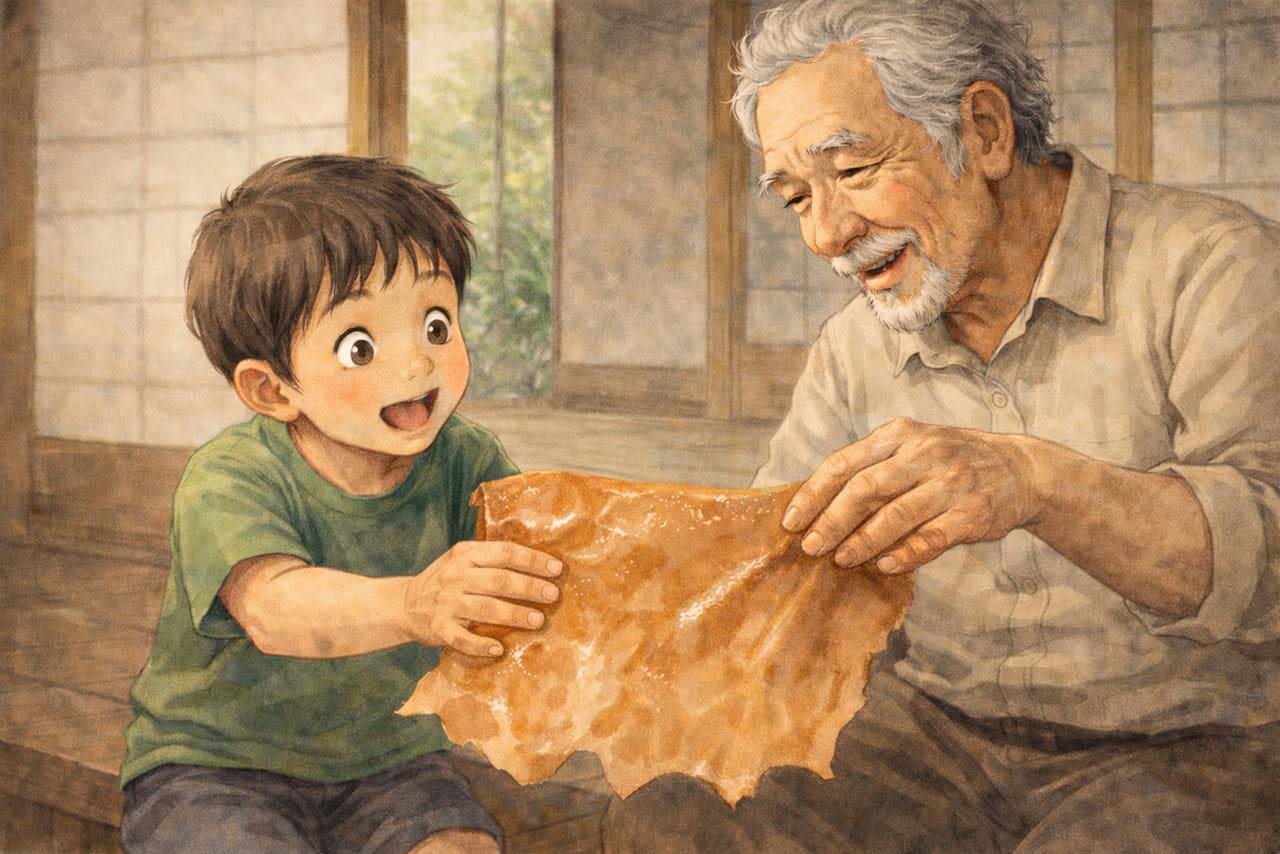 濡らしたヌメ革を子どもが触って驚いている挿絵