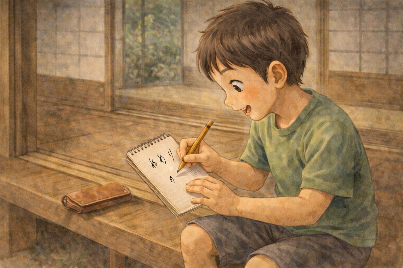 縁側で子どもがノートに学んだことを書き留めている挿絵