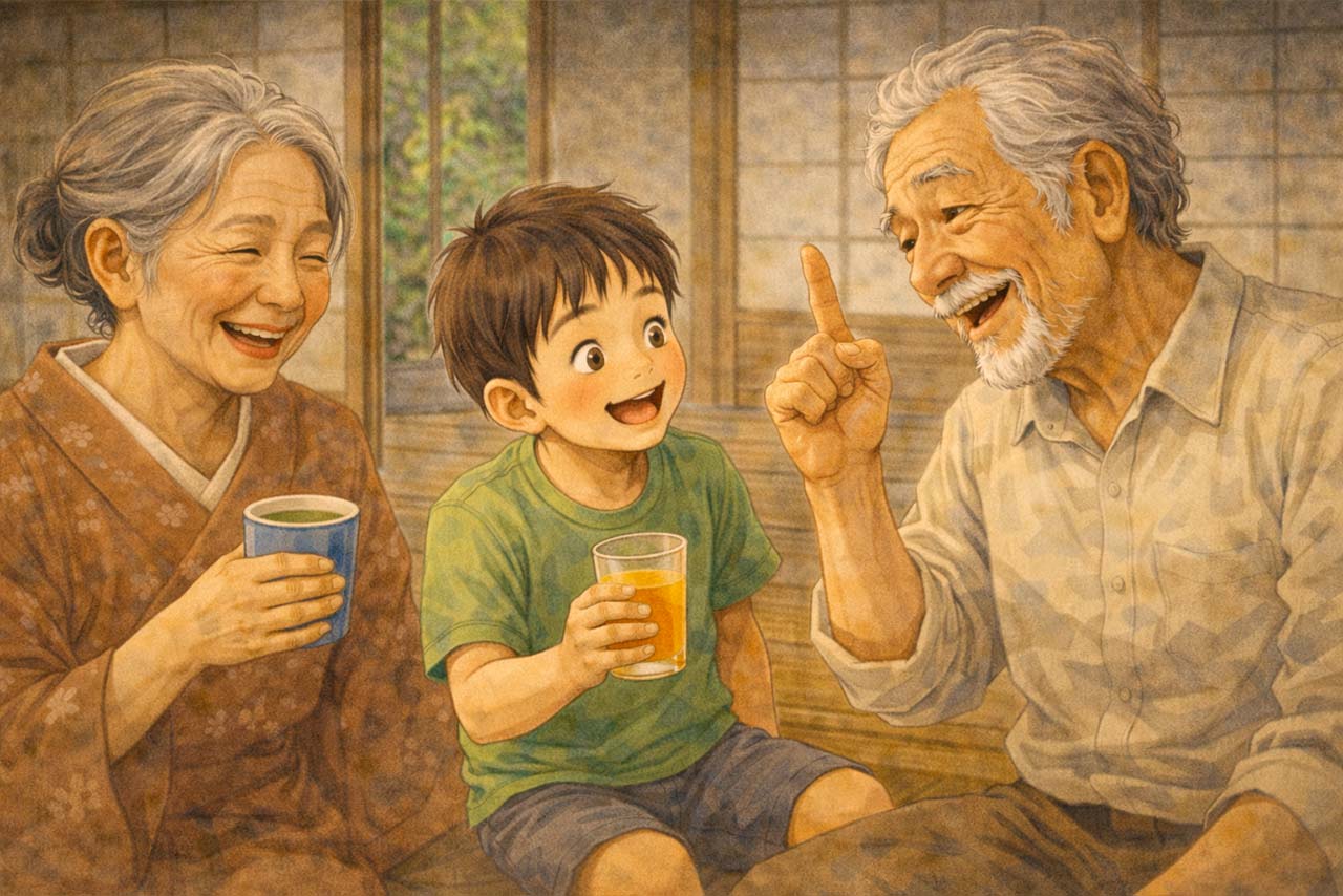 縁側でおじいちゃんが得意げに語り、子どもとおばあちゃんが飲み物片手に笑っている挿絵
