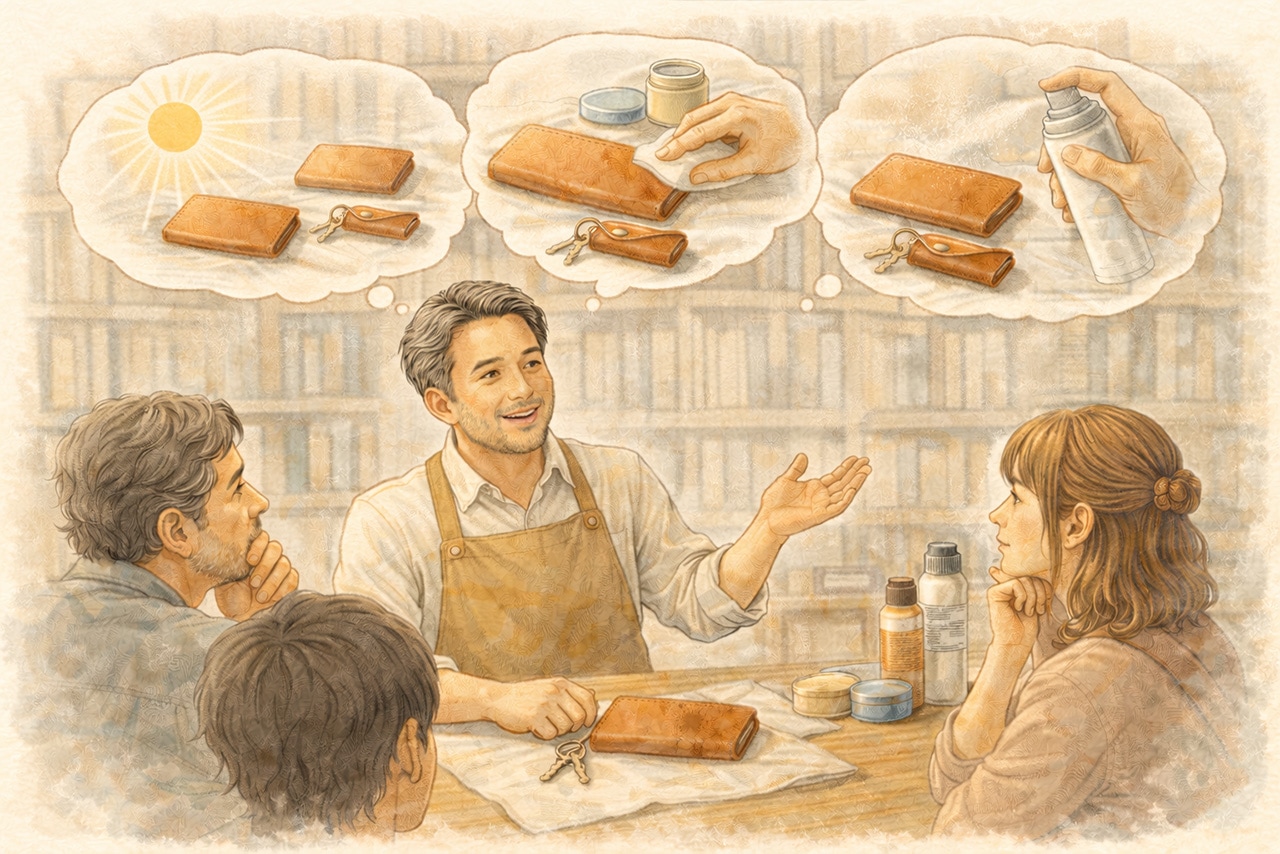 新しい革製品を前に迷う挿絵