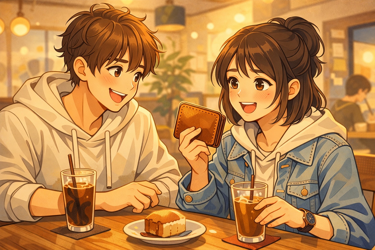 財布に慣れてきて笑顔で見せる挿絵