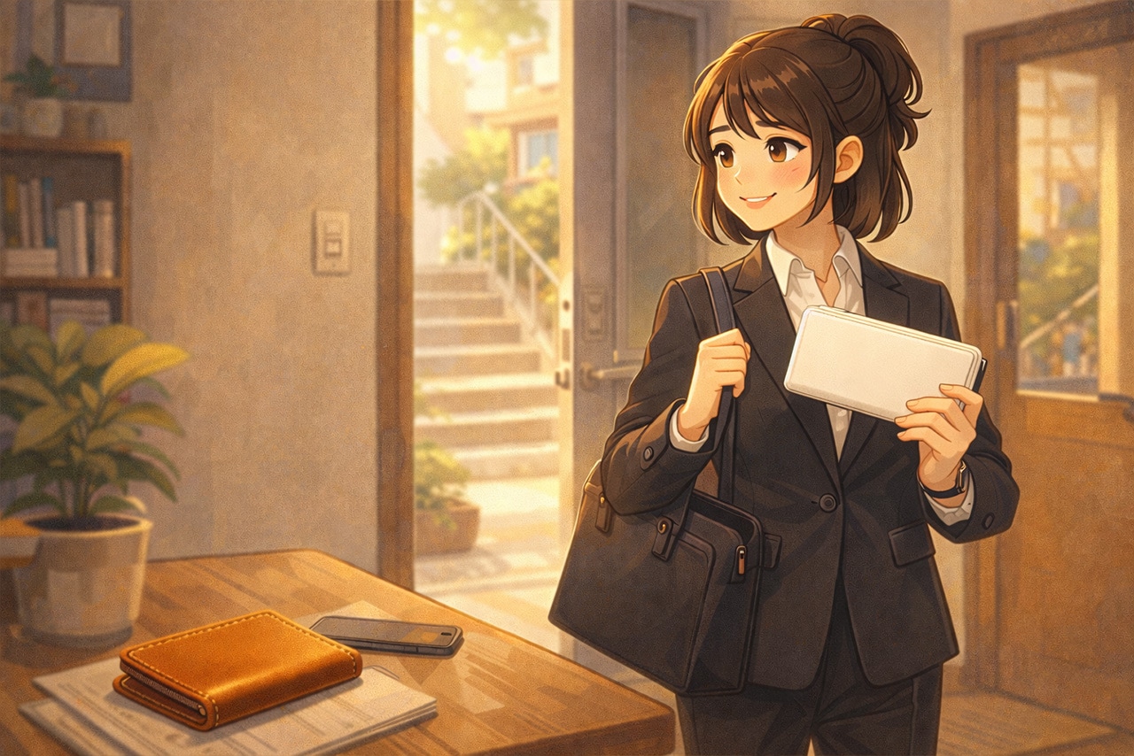 新しい財布を手に出勤する朝の挿絵
