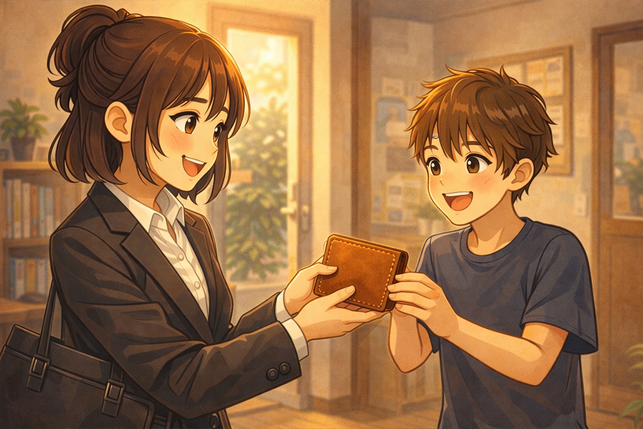 姉が弟へ革財布を手渡す挿絵