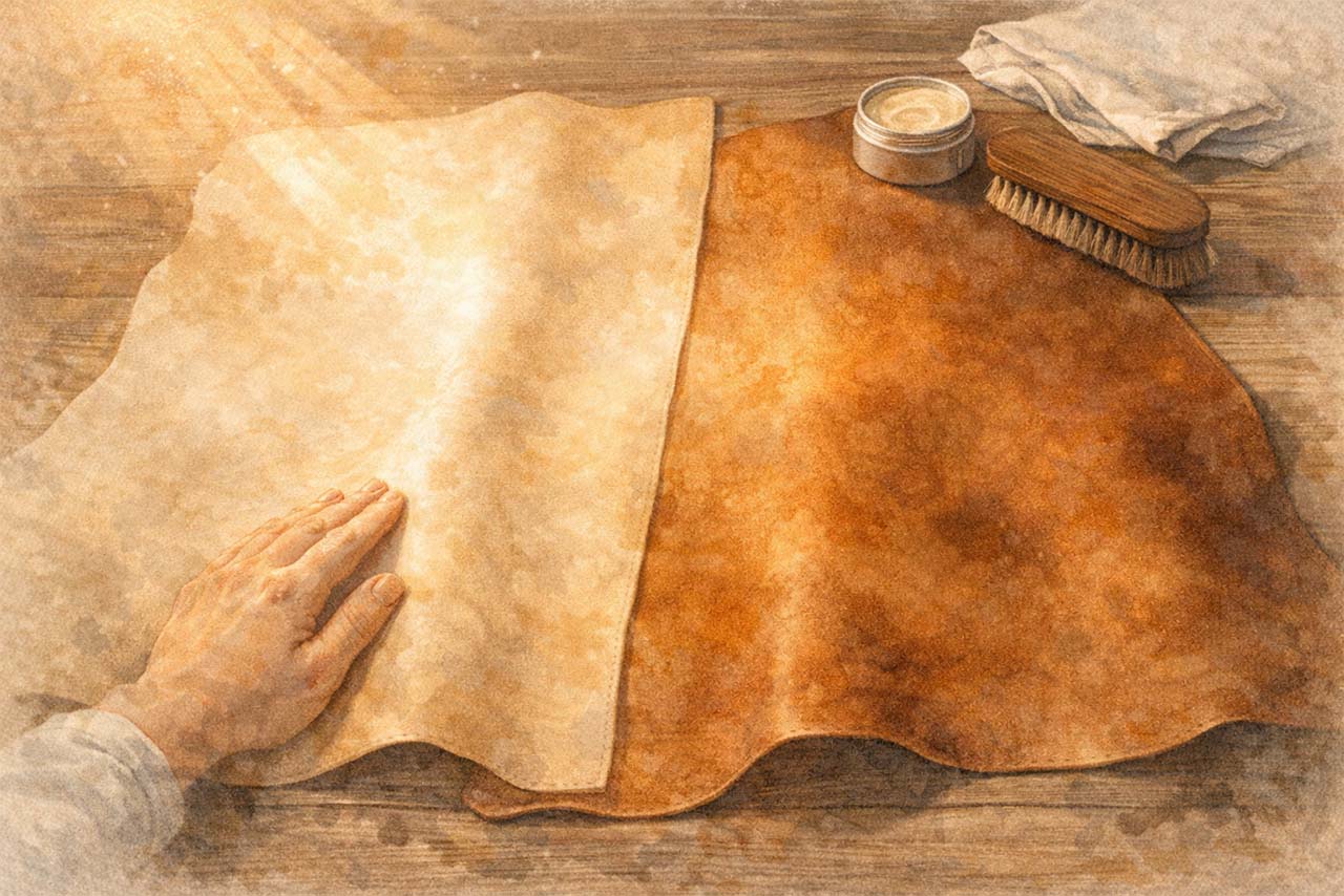 工房で革を見比べる挿絵