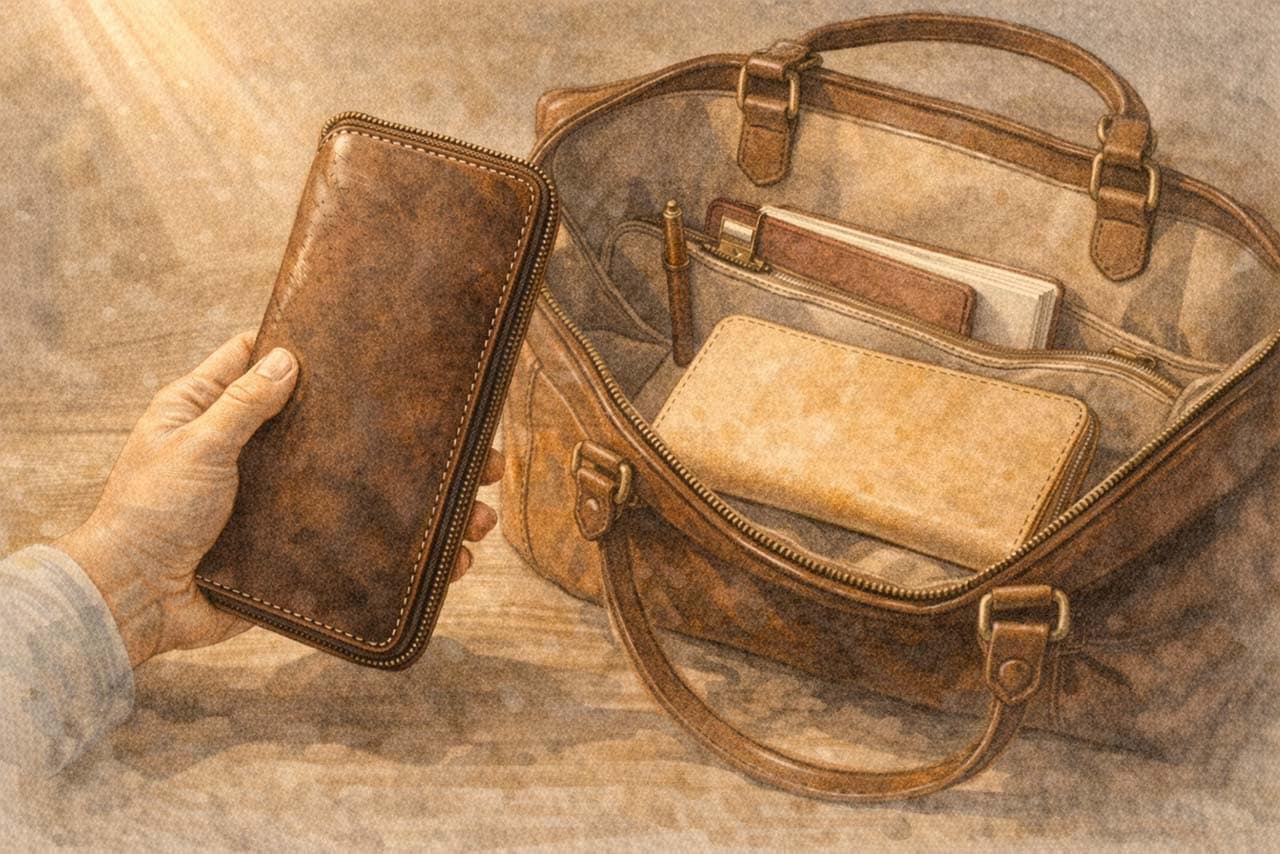 革鞄と革財布を見比べる挿絵