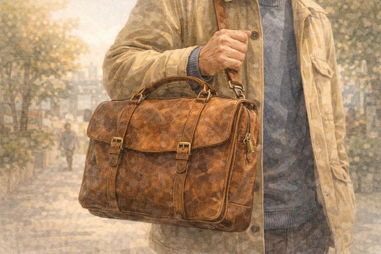 工房で革財布を愛でる挿絵