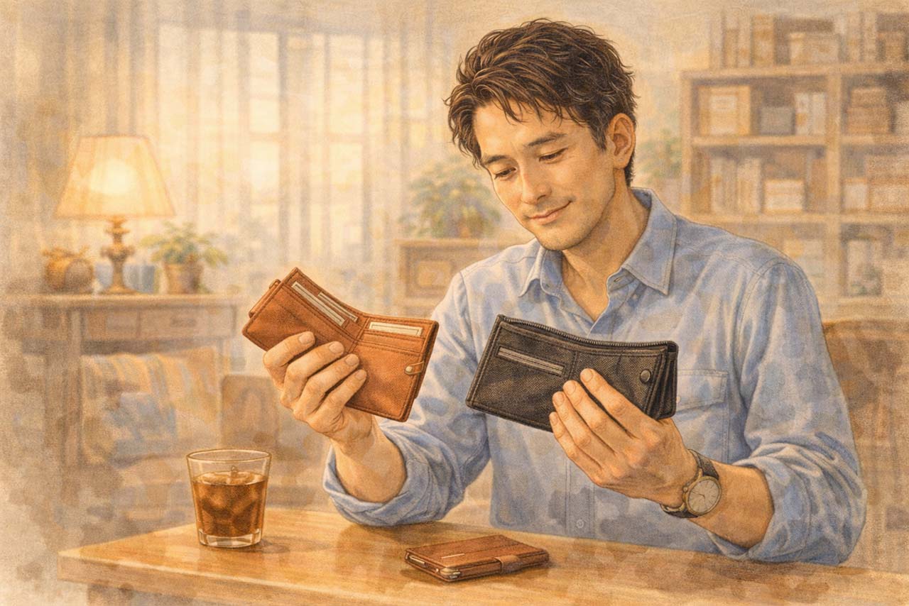 手に馴染む財布を確かめる挿絵