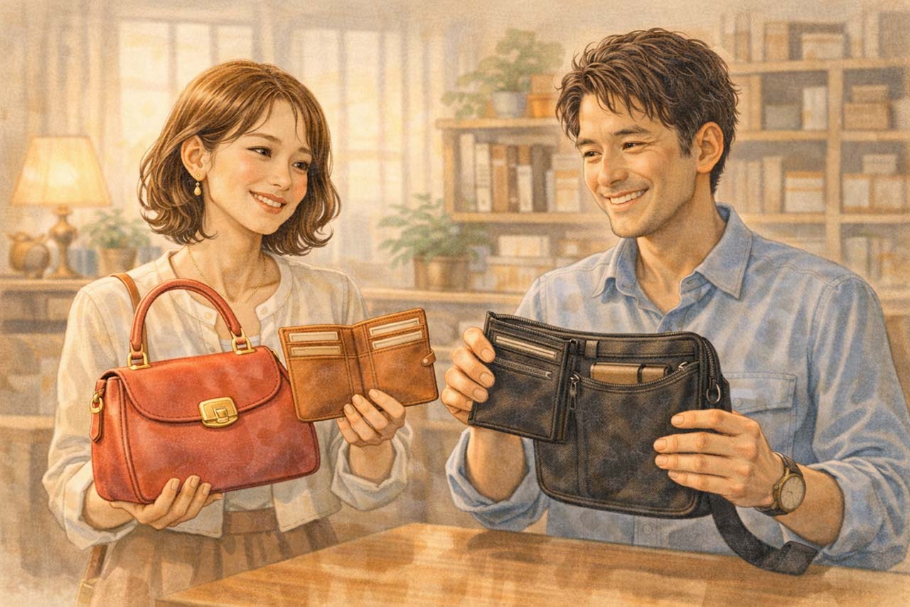 自分に合う鞄と財布をみせてほほ笑む二人の挿絵