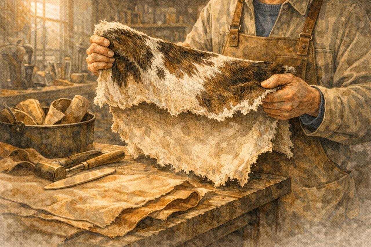 工房で皮を見つめる挿絵