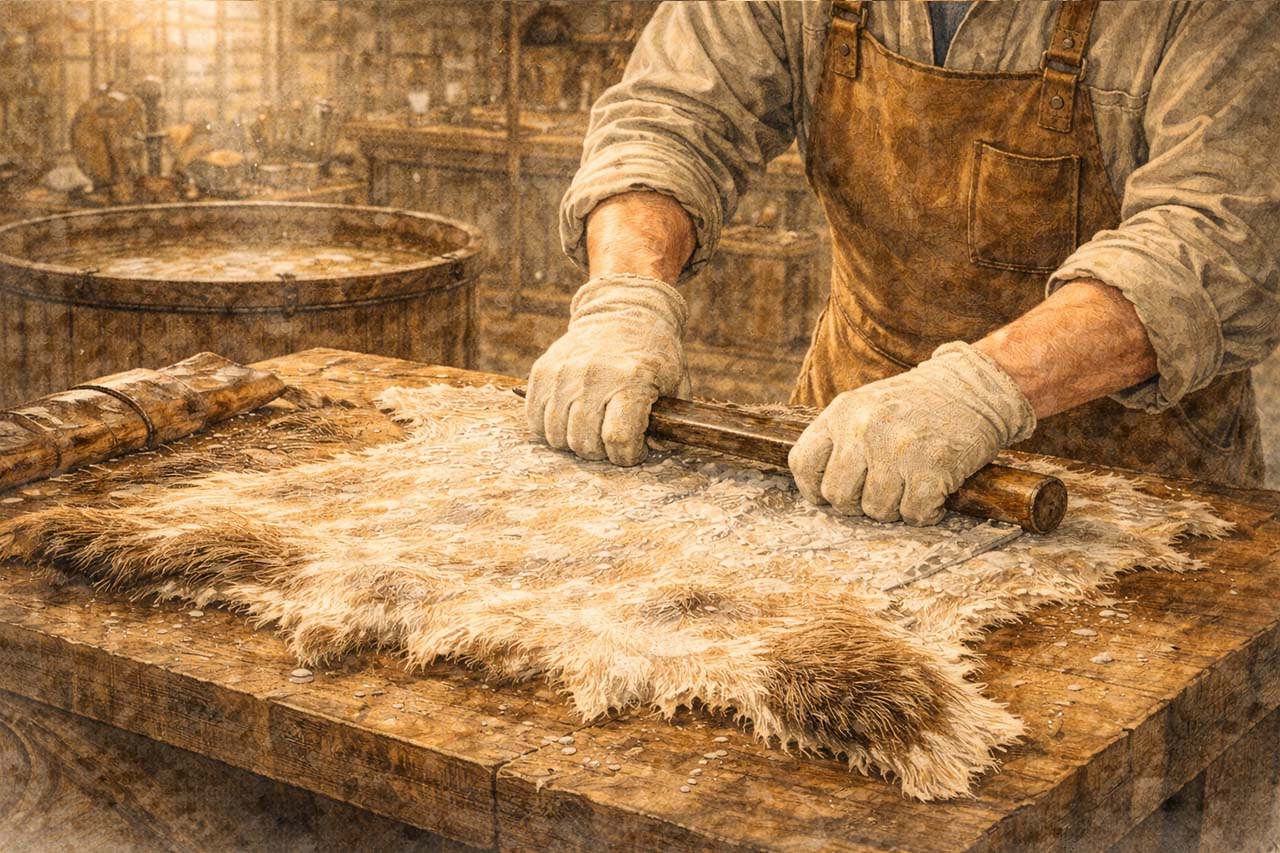 工房で皮を下処理する挿絵