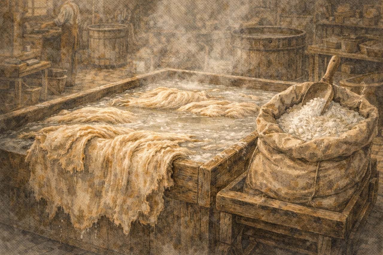 工房で皮を石灰漬けする挿絵