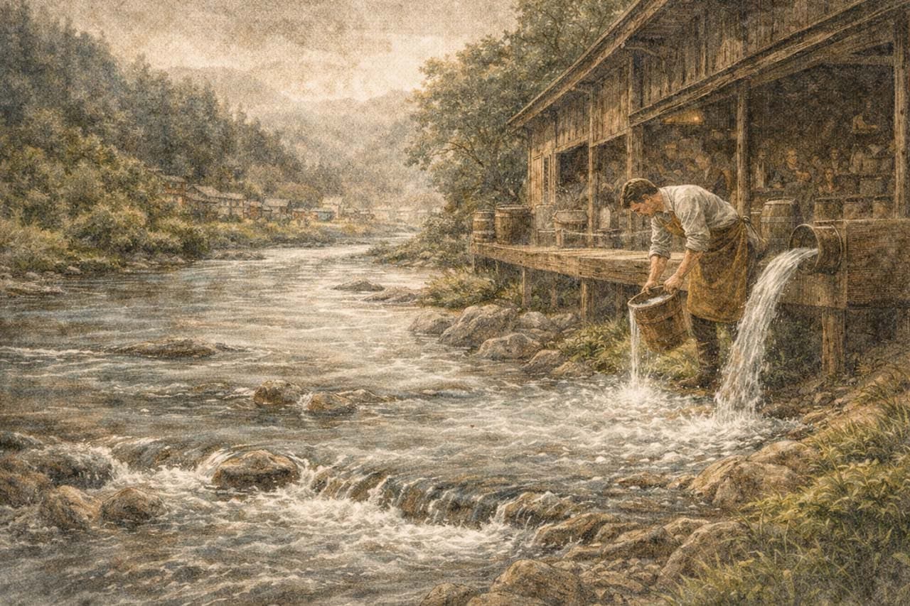 工房の近くを流れる川の挿絵