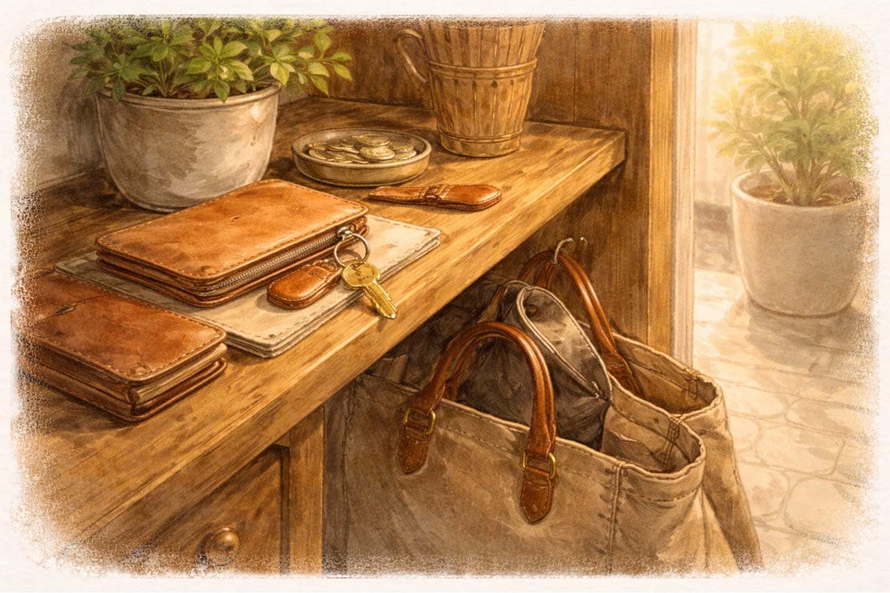 いつもの場所で待つ革小物の挿絵