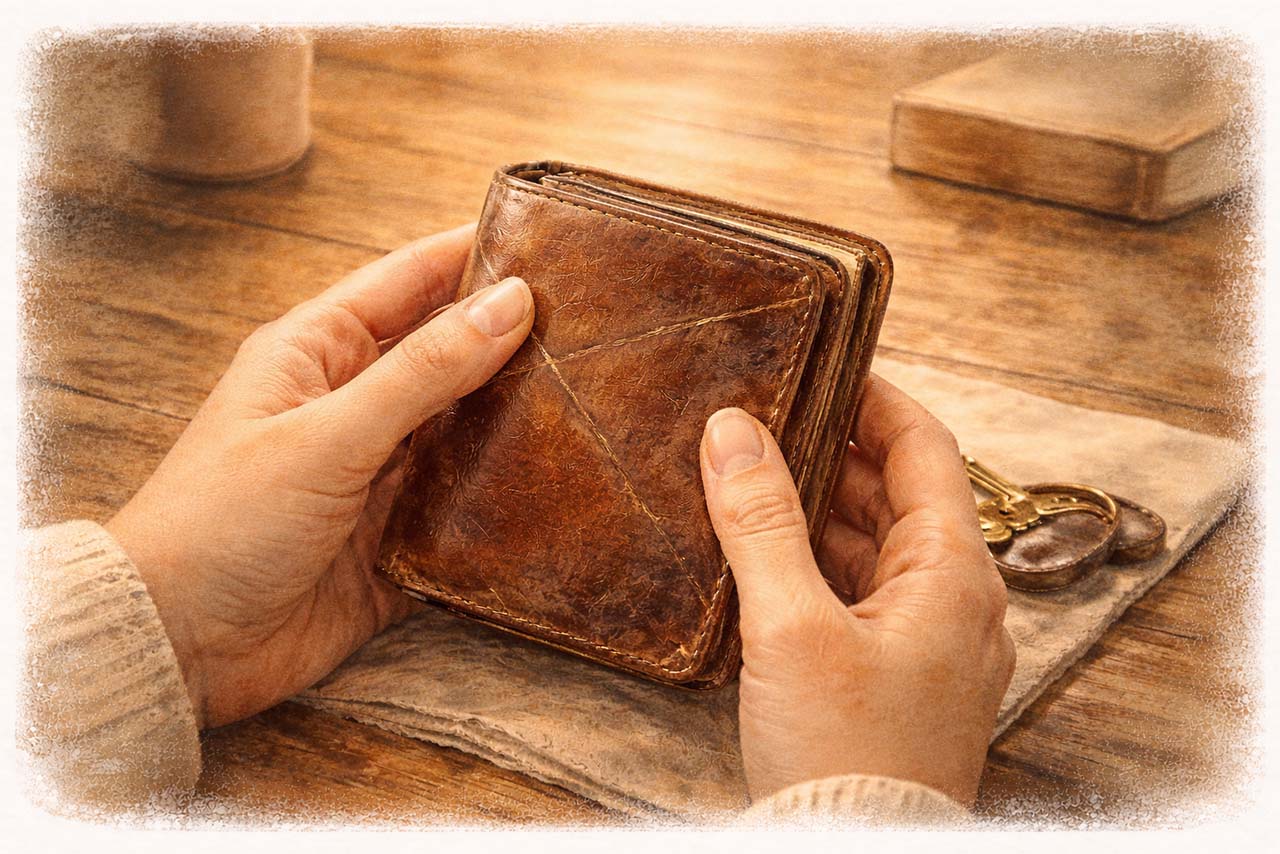 革の傷にそっと触れる手元の挿絵