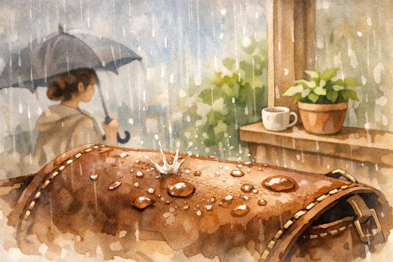 雨粒が革に落ちる様子を描いた挿絵