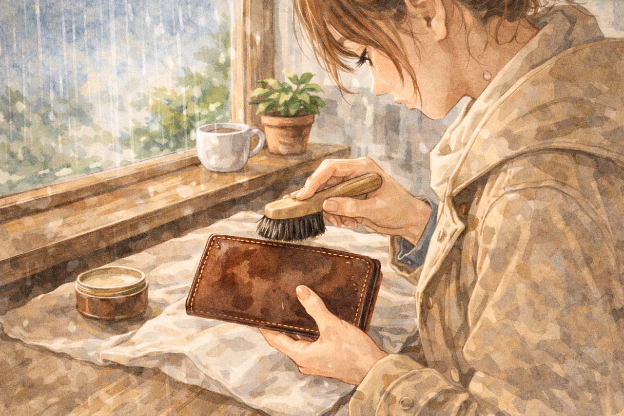 濡れた革をそっと拭き風にあてて乾かす挿絵