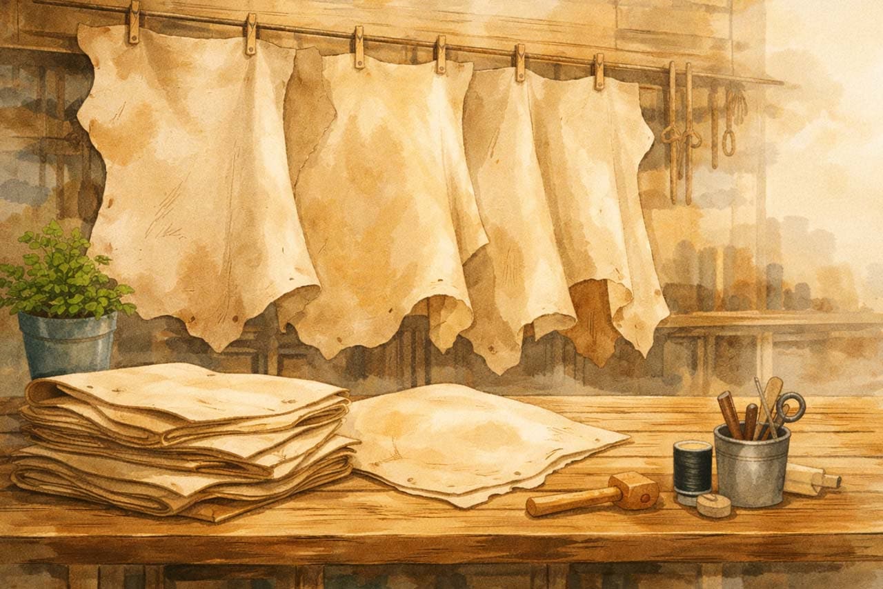 無染色の本ヌメ革が素肌のように飾らず並ぶ挿絵