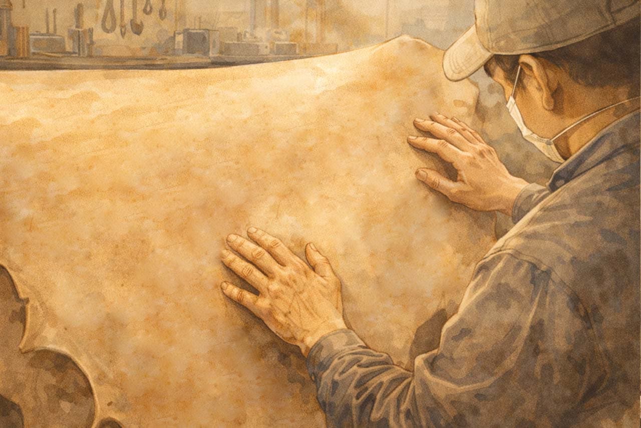 キズやシワ、血筋まで刻まれた革の表情に見とれる挿絵