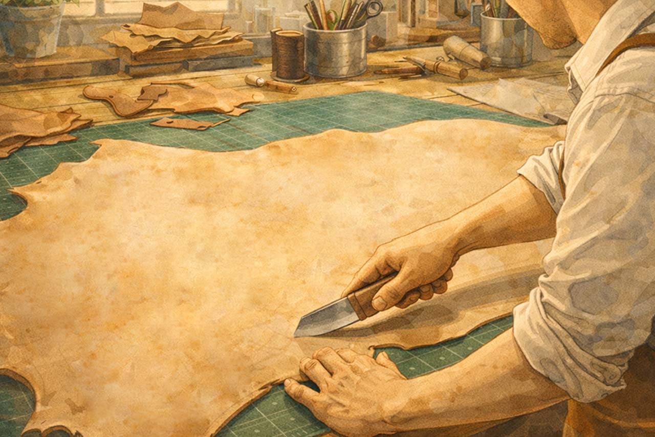 素肌のような本ヌメ革に『ノンファンデーションレザー』という名前がそっと添えられる挿絵