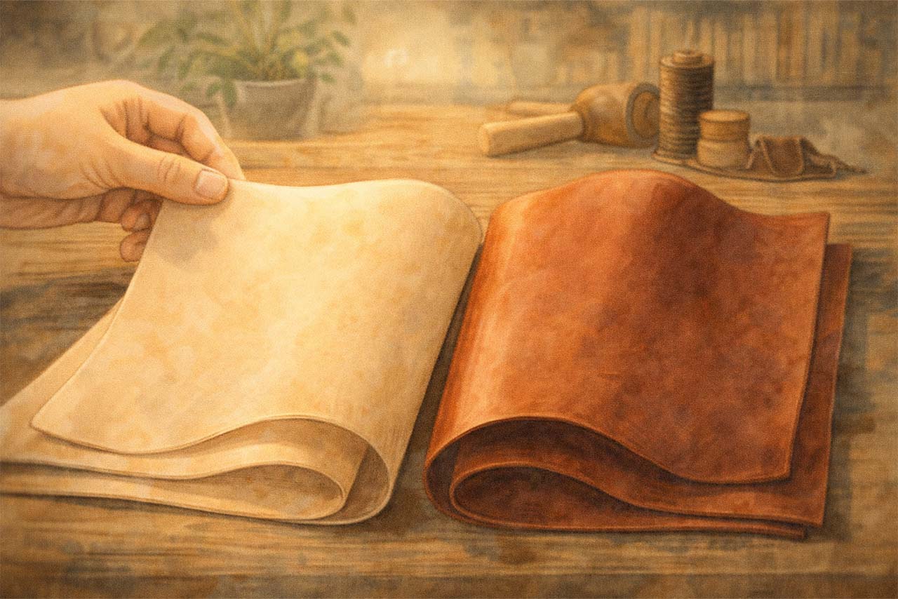 本ヌメ革と染色されたヌメ革が並び、どちらも美しいと感じられる挿絵