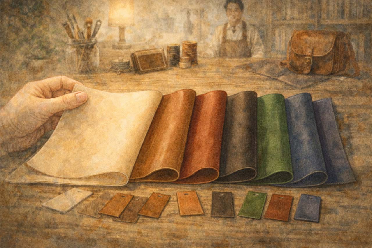 革の色や仕立ての好みを選ぶ場面のイメージ挿絵