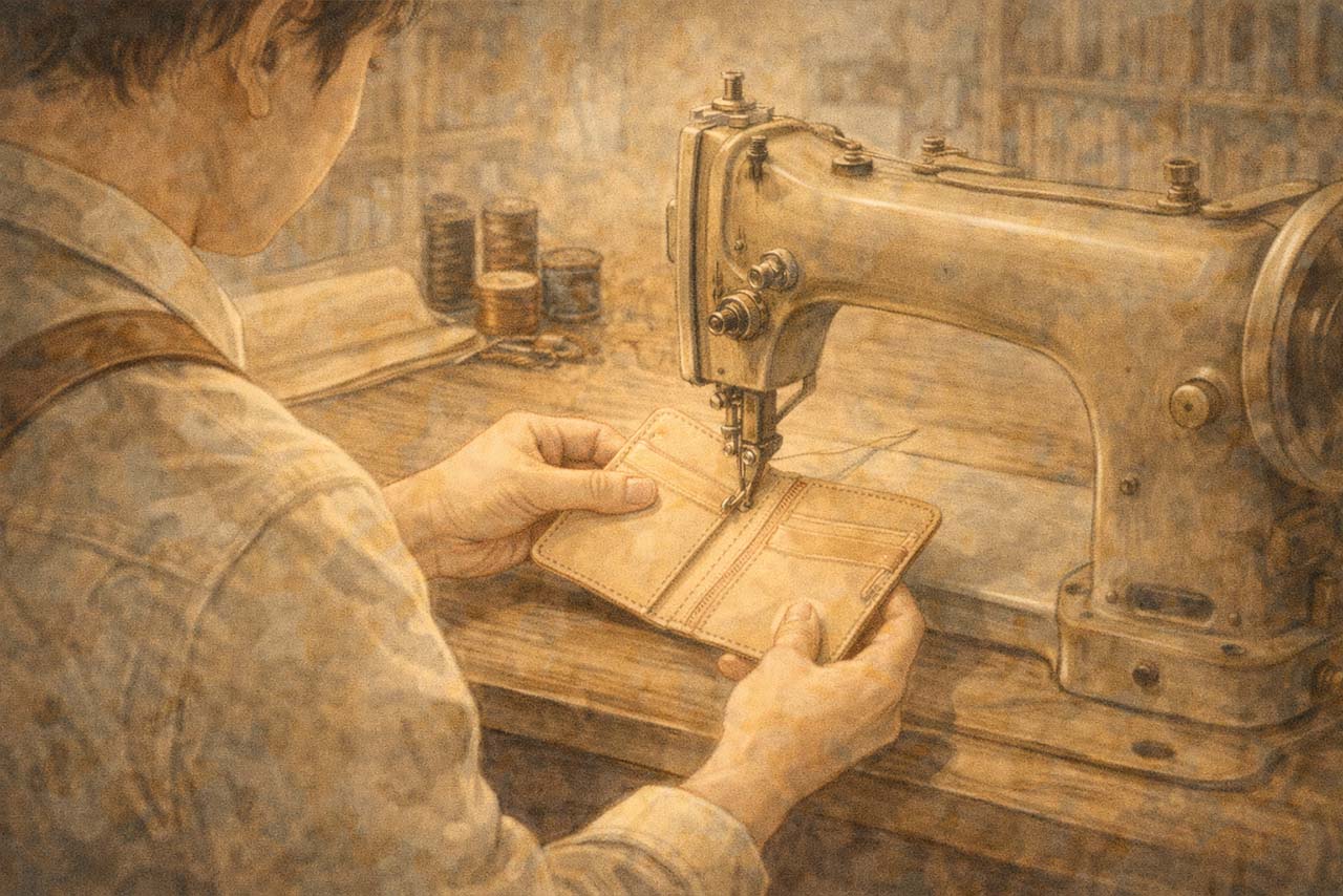 素朴な革に合うシンプルな仕立てで制作するアトリエの挿絵