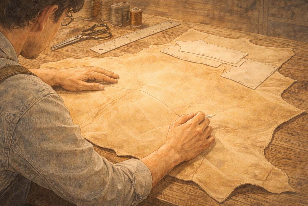 革職人が革にそっと触れ、どの部位で裁断するかを見極めている挿絵