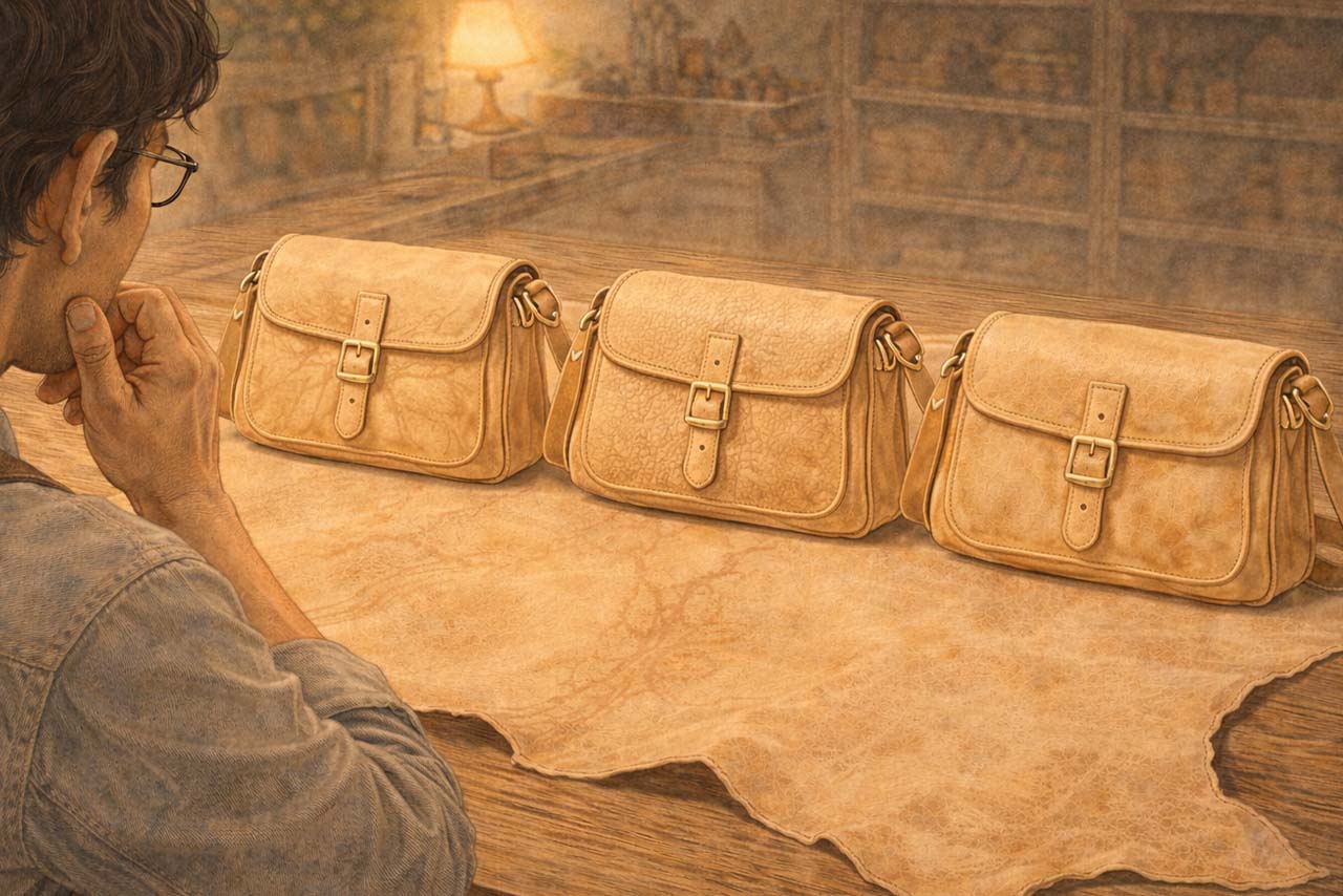 同じかたちのヌメ色バッグが三つ並び、トラ・シワ・タンニンムラなど個性の違いが伝わる挿絵