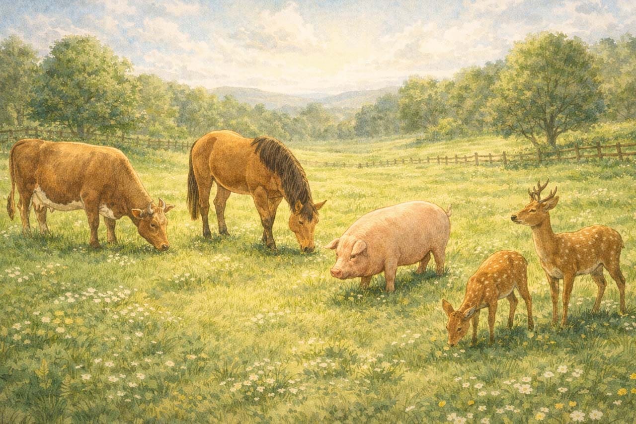 牛、馬、豚、鹿が牧草地でのどかに過ごしている挿絵