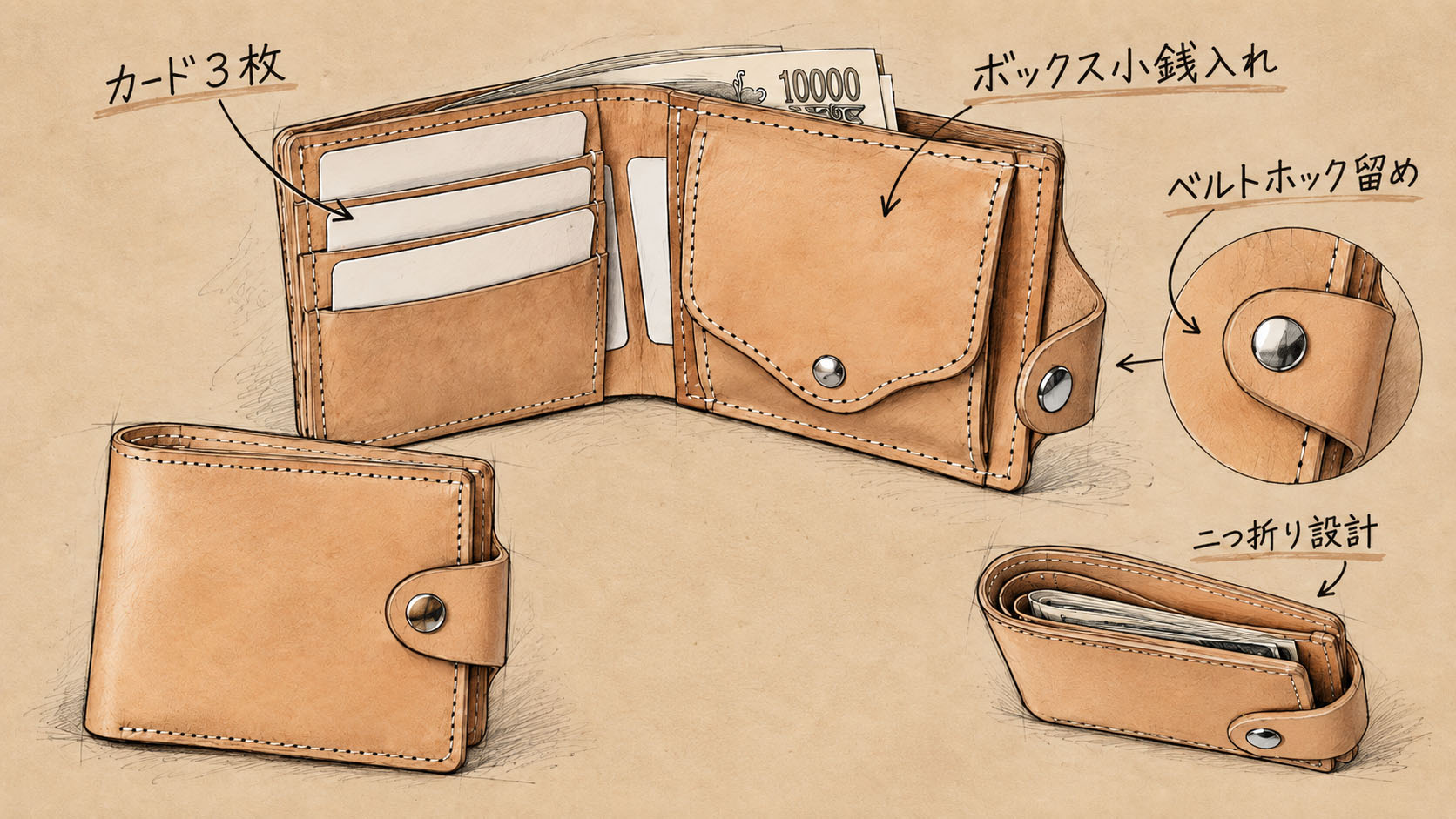 財布の収納と構造を描いた設計イラスト