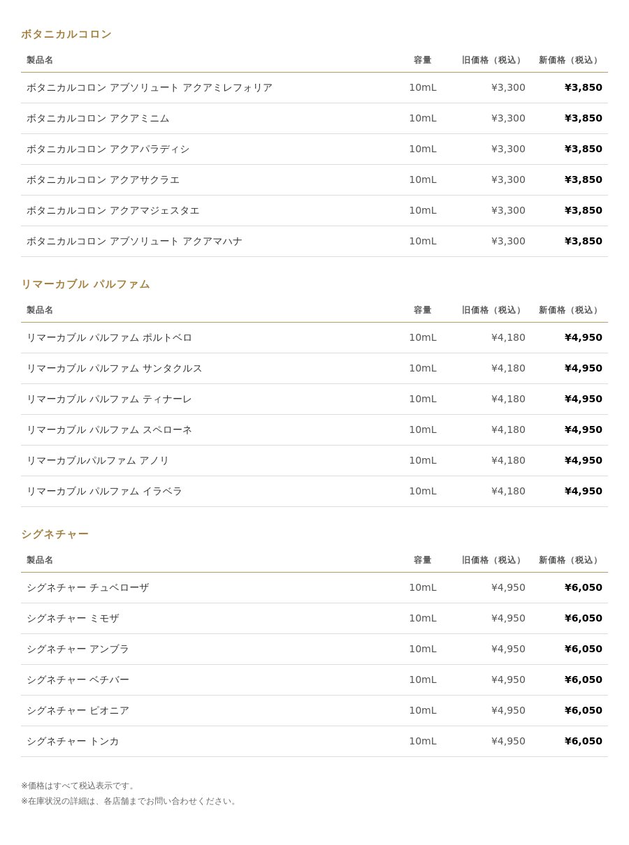 価格改定のお知らせ