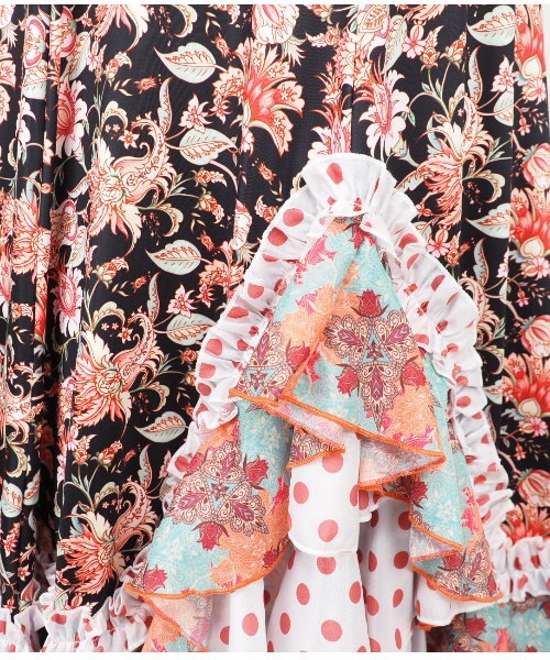 MARINA FLAMENCA フラメンコ ファルダ スカート ボタニカル風総柄 ボタニカル×ドットプリントフリル デザインファルダ BL/MT