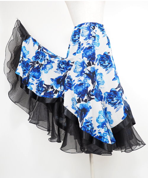 社交ダンス　プリントソフトメッシュ　スカート　ブルー 社交ダンスプリントソフトメッシュスカートブルー 社交ダンス プリント