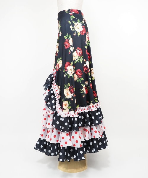 フラメンコファルダ　ブラックA　スカート フラメンコ 水玉 フリル セミマーメイド ファルダ スカート