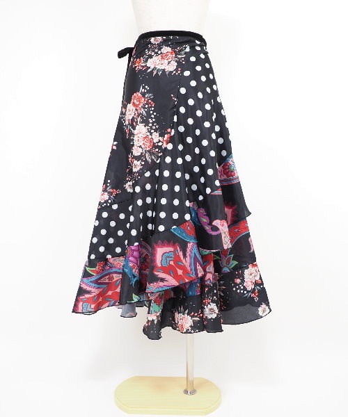 フラメンコ 巻きスカート ブラック×ピンク系プリント【 フラメンコ