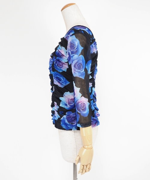 Lサイズ プリントデザインカットソー ブルー系花柄 【社交ダンス 衣装